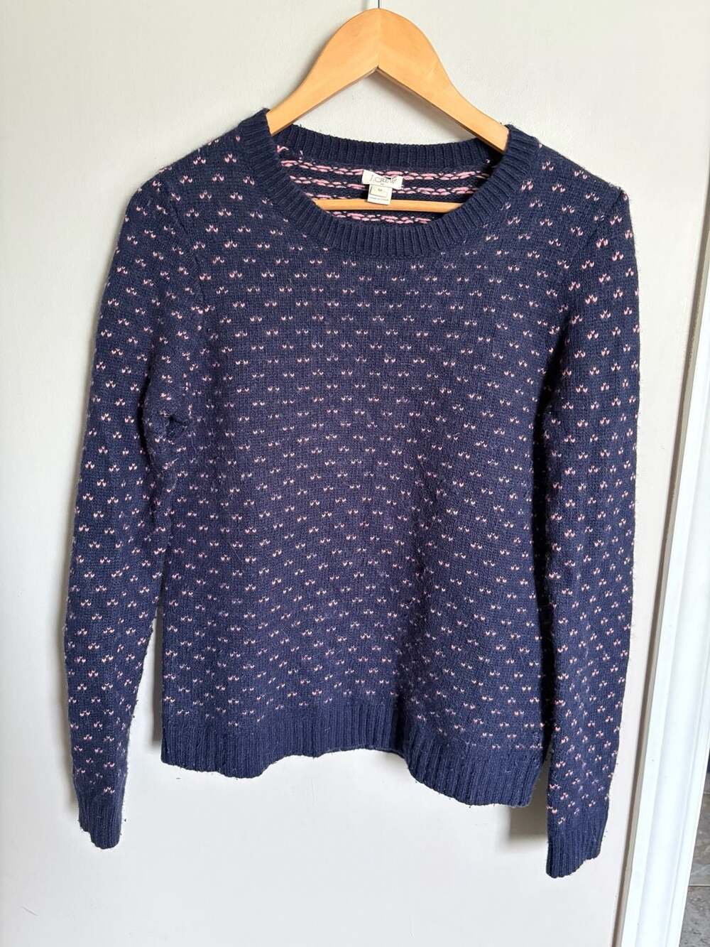 J. Crew Women's Navy and Pink Birdseye Pattern Merino Wool Blend Crewneck Sweate